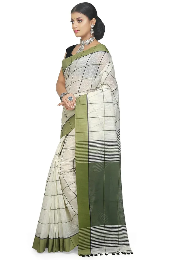 Dark_Green_Handloom_Checke_Pure_Cotton_Silk_Blend_Saree_For_Women
