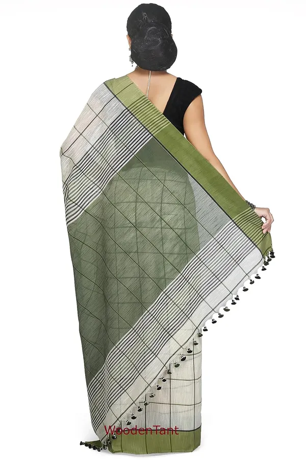 Dark_Green_Handloom_Checke_Pure_Cotton_Silk_Blend_Saree_For_Women