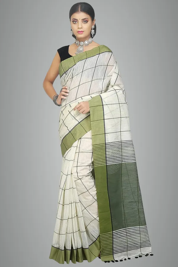 Dark_Green_Handloom_Checke_Pure_Cotton_Silk_Blend_Saree_For_Women