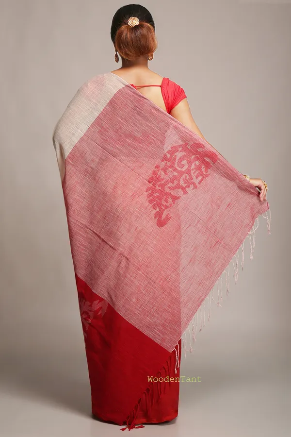 White_&_Red_Pure_Linen_Saree_With_Blouse_Piece_For_Women
