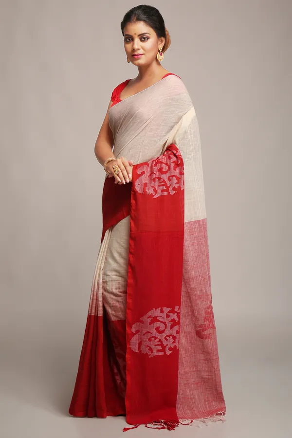 White_&_Red_Pure_Linen_Saree_With_Blouse_Piece_For_Women