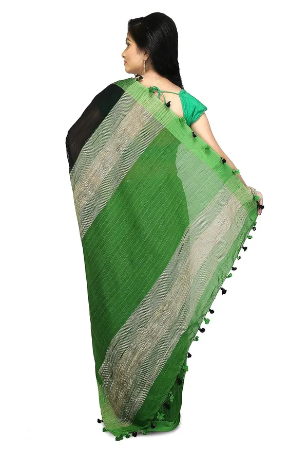 Black_&_Green_Plain_Cotton_Saree_With_Blouse_Piece_For_Women