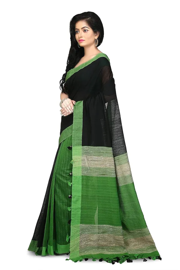 Black_&_Green_Plain_Cotton_Saree_With_Blouse_Piece_For_Women