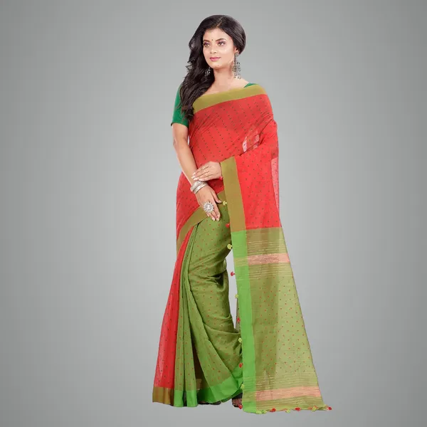 Red_&_Green_Woven_Cotton_Silk_Saree_With_Blouse_Piece_For_Women