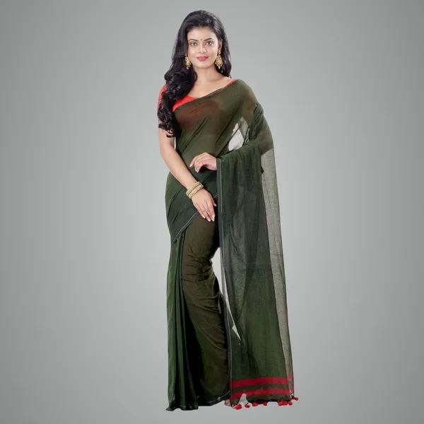 Dark_Green_Handloom_Pure_Cotton_Saree_With_Blouse_Piece_For_Women