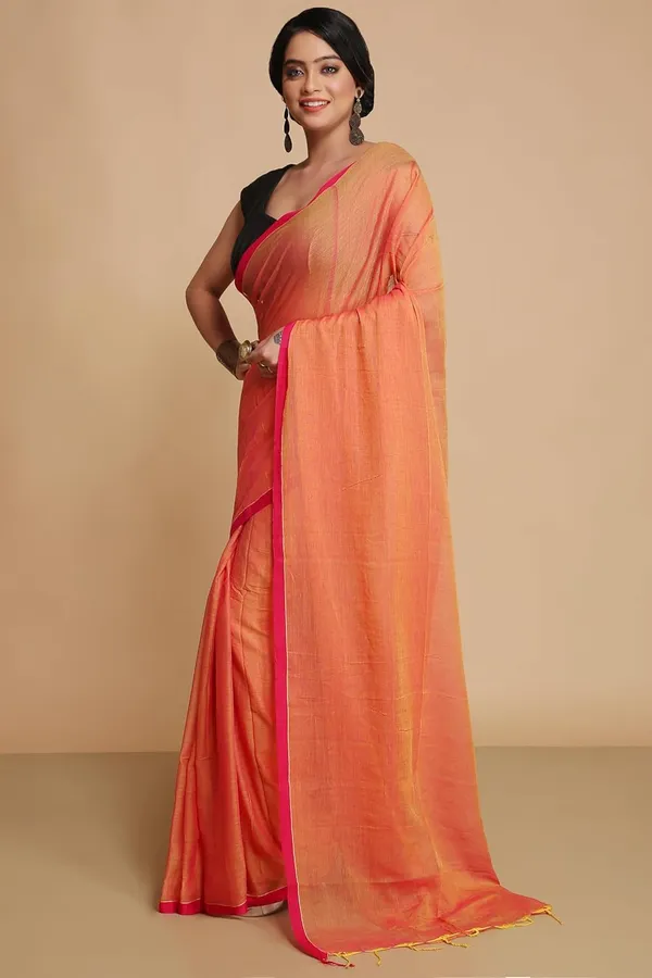Orange_Plain_Cotton_Saree_For_Women