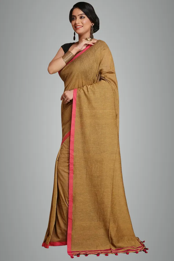 Beige_Pure_Cotton_Plain_Saree_With_Tassels_For_Women