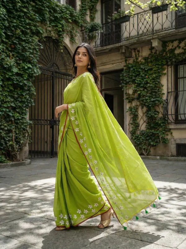 WoodenTant_Women�s_Original_Hand_Paint_Cotton_Mulmul_saree_Lime_Green_color_without_Blouse_Piece