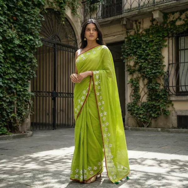 WoodenTant_Women�s_Original_Hand_Paint_Cotton_Mulmul_saree_Lime_Green_color_without_Blouse_Piece