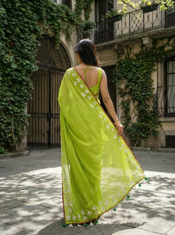 WoodenTant_Women�s_Original_Hand_Paint_Cotton_Mulmul_saree_Lime_Green_color_without_Blouse_Piece