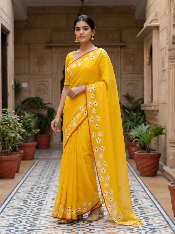 WoodenTant_Women�s_Original_Hand_Paint_Cotton_Mulmul_saree_Yellow_color_without_Blouse_Piece