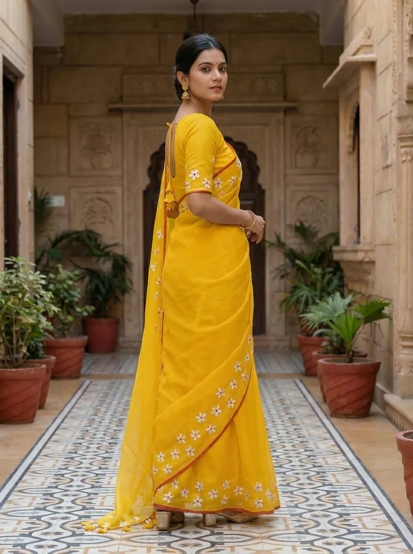 WoodenTant_Women�s_Original_Hand_Paint_Cotton_Mulmul_saree_Yellow_color_without_Blouse_Piece