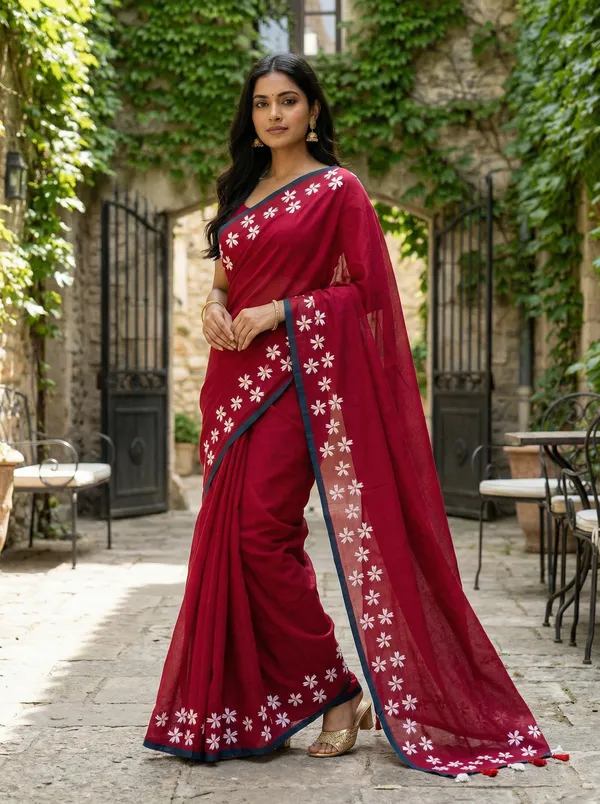 WoodenTant_Women�s_Original_Hand_Paint_Cotton_Mulmul_saree_Rose_Red_color_without_Blouse_Piece