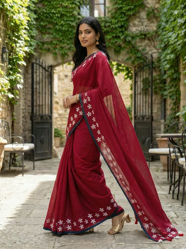 WoodenTant_Women�s_Original_Hand_Paint_Cotton_Mulmul_saree_Rose_Red_color_without_Blouse_Piece