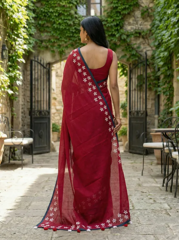 WoodenTant_Women�s_Original_Hand_Paint_Cotton_Mulmul_saree_Rose_Red_color_without_Blouse_Piece