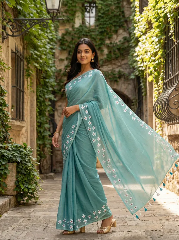 WoodenTant_Women�s_Original_Hand_Paint_Cotton_Mulmul_saree_Sea_Green_color_without_Blouse_Piece