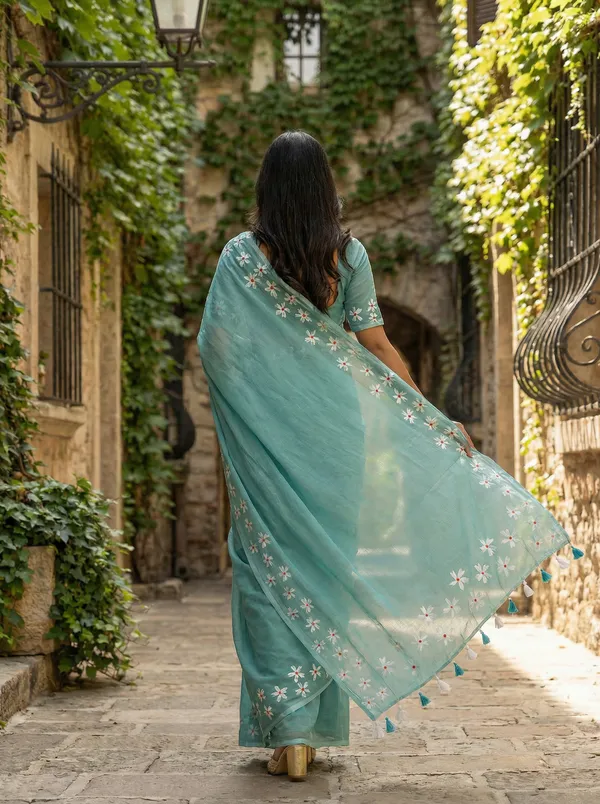WoodenTant_Women�s_Original_Hand_Paint_Cotton_Mulmul_saree_Sea_Green_color_without_Blouse_Piece