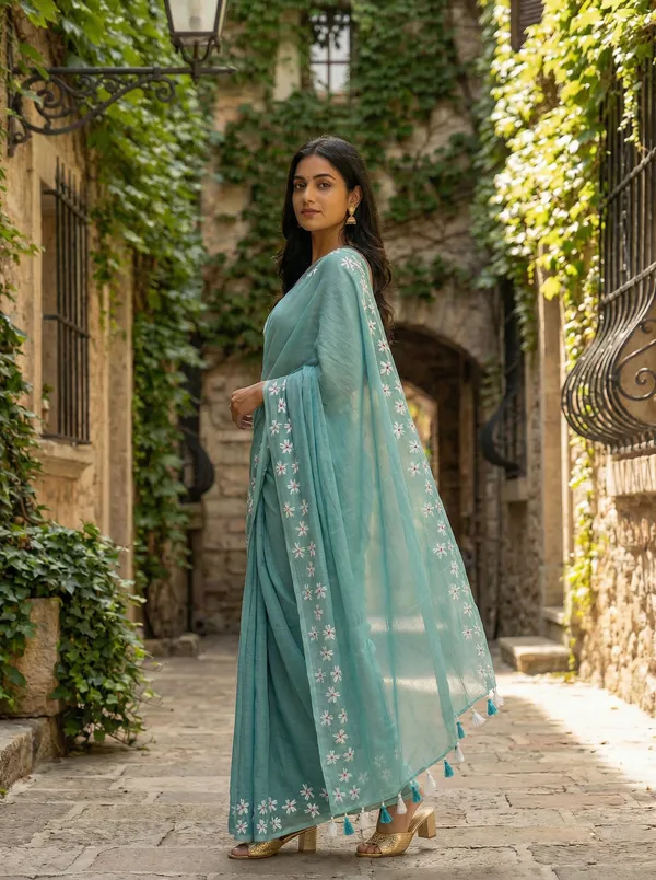 WoodenTant_Women�s_Original_Hand_Paint_Cotton_Mulmul_saree_Sea_Green_color_without_Blouse_Piece
