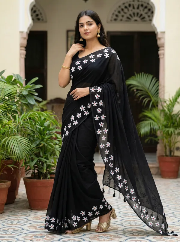 WoodenTant_Women�s_Original_Hand_Paint_Cotton_Mulmul_saree_Black_color_without_Blouse_Piece