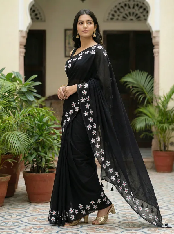 WoodenTant_Women�s_Original_Hand_Paint_Cotton_Mulmul_saree_Black_color_without_Blouse_Piece