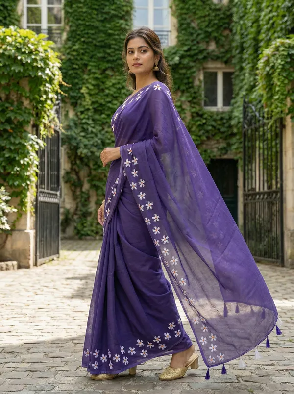 WoodenTant_Women�s_Original_Hand_Paint_Cotton_Mulmul_saree_Purple_color_without_Blouse_Piece