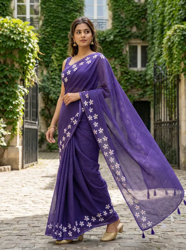 WoodenTant_Women�s_Original_Hand_Paint_Cotton_Mulmul_saree_Purple_color_without_Blouse_Piece