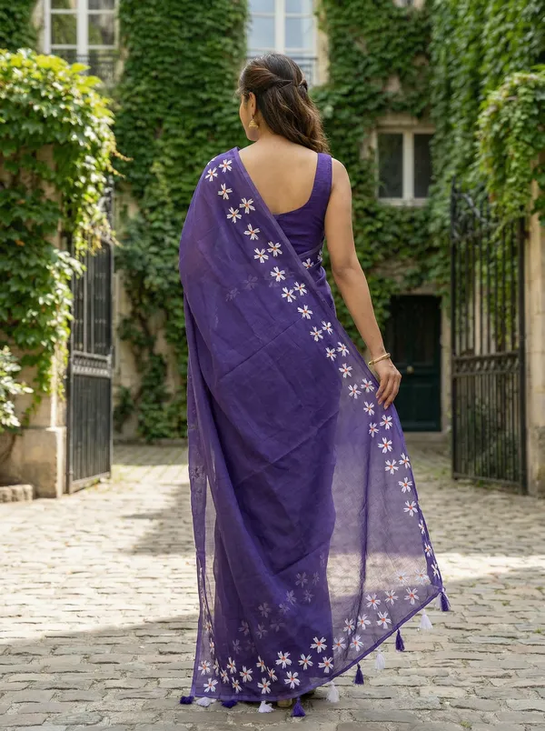WoodenTant_Women�s_Original_Hand_Paint_Cotton_Mulmul_saree_Purple_color_without_Blouse_Piece