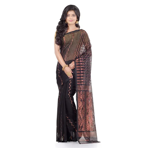 Black_&_Pink_Cotton_Silk_Soft_Jamdani_Handloom_Saree_For_Women
