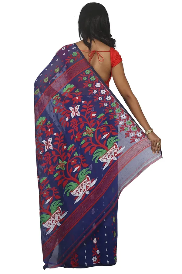 Royal_Blue_Jamdani_Cotton_Silk_Saree_Without_Blouse_Piece_For_Women