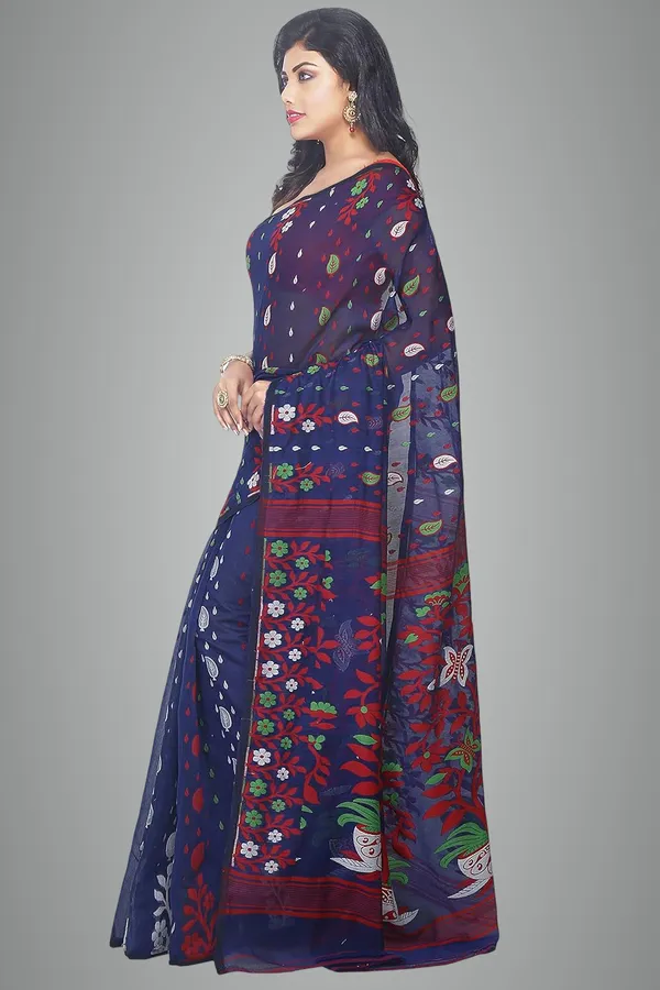 Royal_Blue_Jamdani_Cotton_Silk_Saree_Without_Blouse_Piece_For_Women