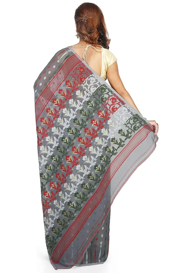 Light_Grey_Jamdani_Cotton_Silk_Saree_Without_Blouse_Piece_For_Women