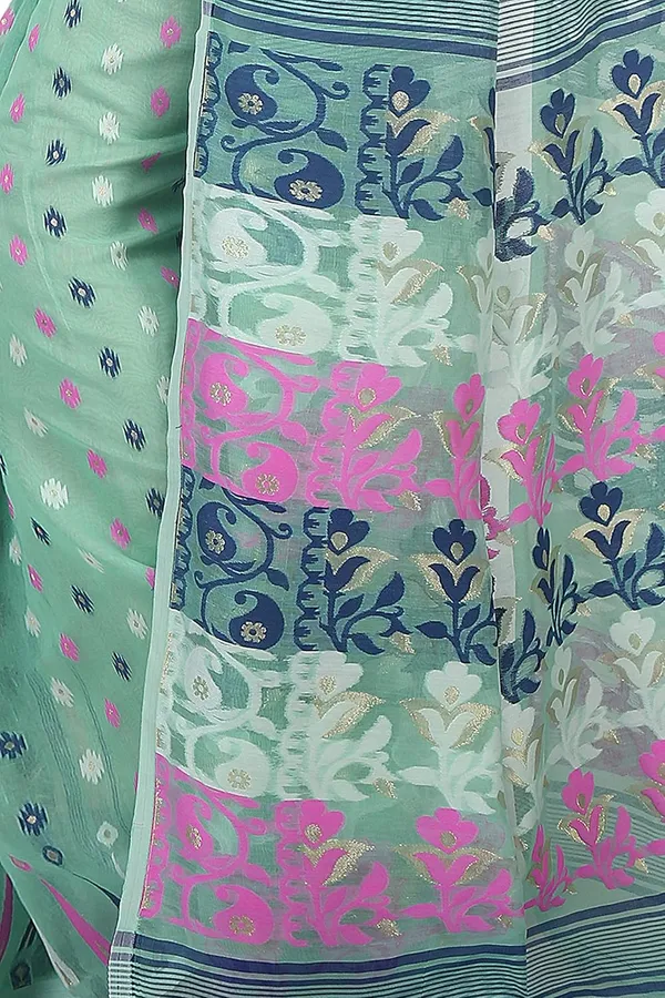 Sea_Green_Jamdani_Cotton_Silk_Saree_Without_Blouse_Piece_For_Women