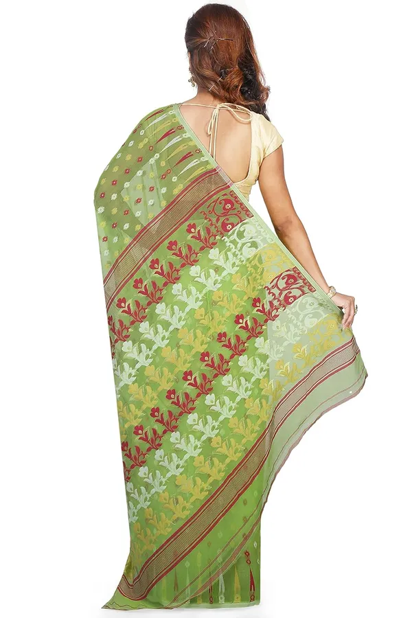Lemon_Green_Jamdani_Cotton_Silk_Saree_Without_Blouse_Piece_For_Women