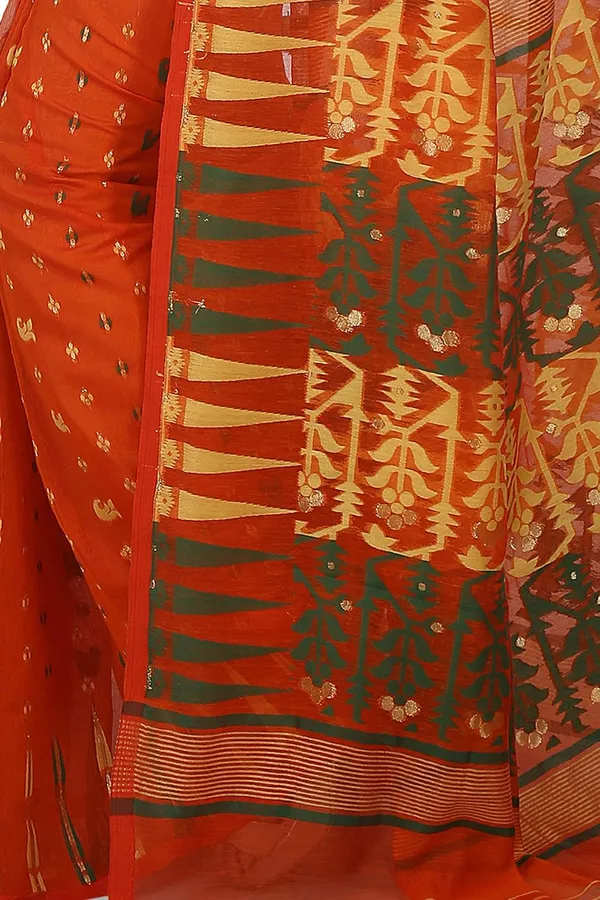 Orange_Soft_Cotton_Resham_Dhakai_Jamdani_Saree_With_Designer_Pallu_With_Temple_Border_Work_Without_Blouse_Piece_For_Women