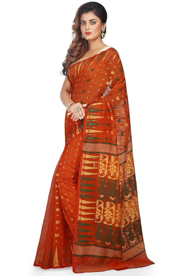 Orange_Soft_Cotton_Resham_Dhakai_Jamdani_Saree_With_Designer_Pallu_With_Temple_Border_Work_Without_Blouse_Piece_For_Women