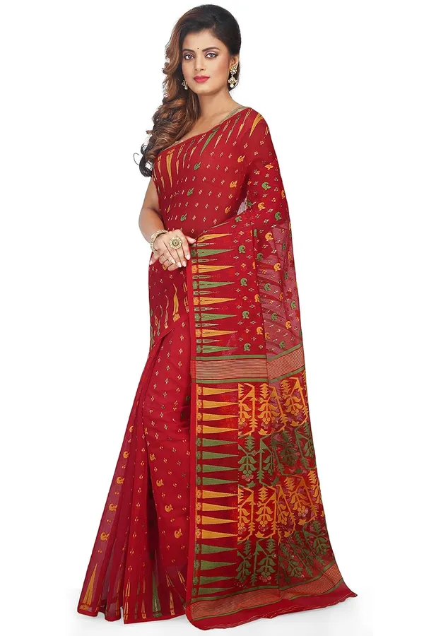Red_Soft_Cotton_Resham_Dhakai_Jamdani_Saree_With_Designer_Pallu_With_Temple_Border_Work_Without_Blouse_Piece_For_Women