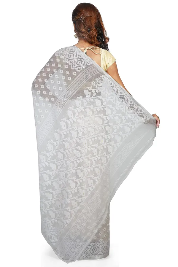 White_Soft_Cotton_Dhakai_Jamdani_Saree_Without_Blouse_Piece_For_Women