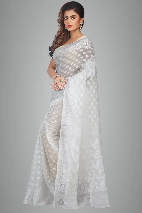 White_Soft_Cotton_Dhakai_Jamdani_Saree_Without_Blouse_Piece_For_Women