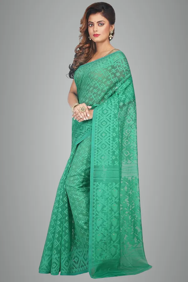 Green_Soft_Cotton_Dhakai_Jamdani_Saree_Without_Blouse_Piece_For_Women