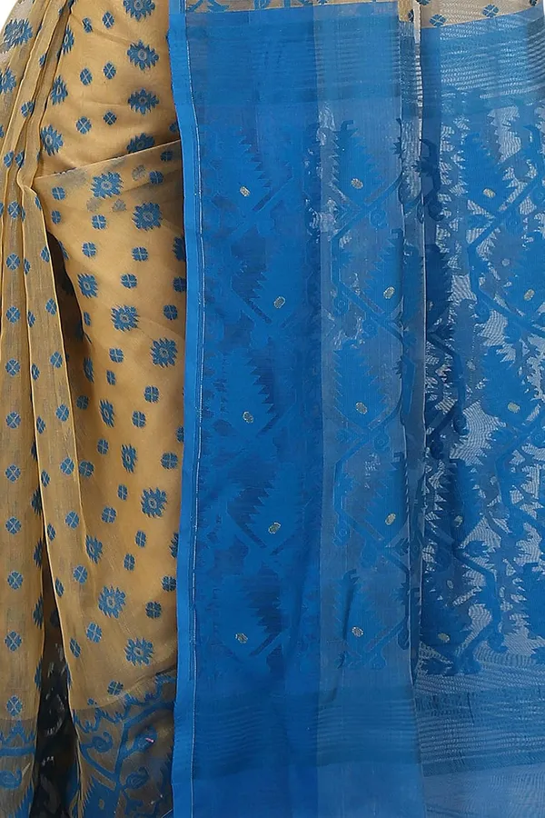 Beige_&_Blue_Woven_Soft_Cotton_Dhakai_Jamdani_Saree_Without_Blouse_Piece_For_Women