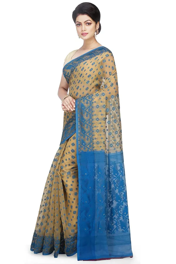 Beige_&_Blue_Woven_Soft_Cotton_Dhakai_Jamdani_Saree_Without_Blouse_Piece_For_Women