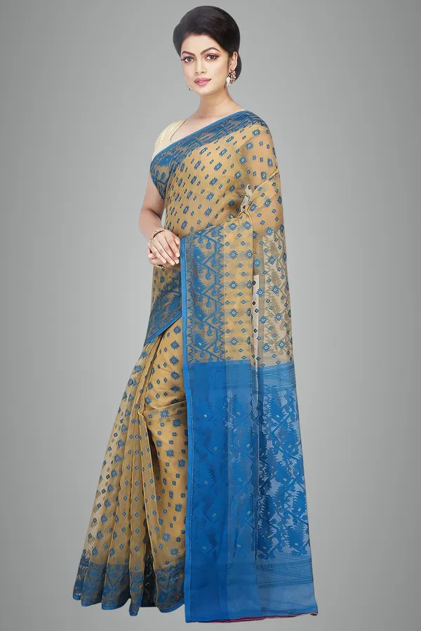 Beige_&_Blue_Woven_Soft_Cotton_Dhakai_Jamdani_Saree_Without_Blouse_Piece_For_Women