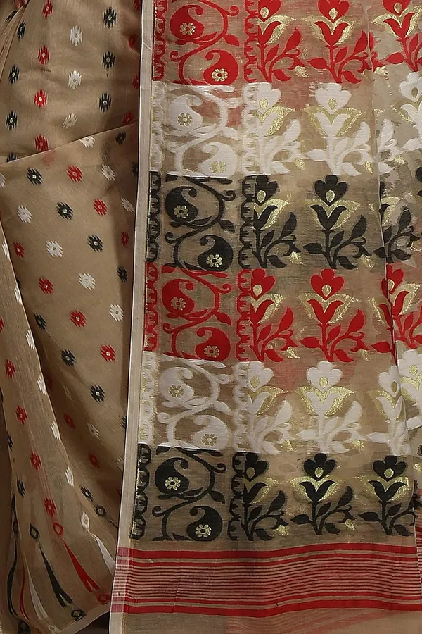Beige_Jamdani_Cotton_Silk_Saree_Without_Blouse_Piece_For_Women