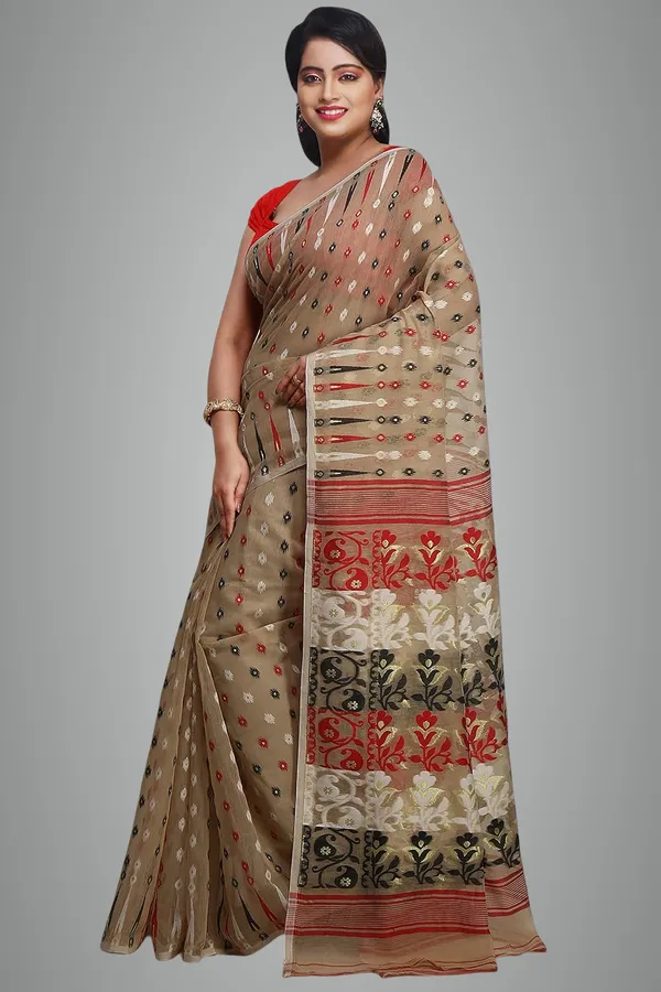 Beige_Jamdani_Cotton_Silk_Saree_Without_Blouse_Piece_For_Women