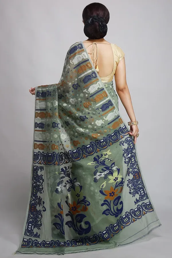 Green_Soft_Resham_Dhakai_Jamdani_Saree_Without_Starch_Without_Blouse_Piece_For_Women