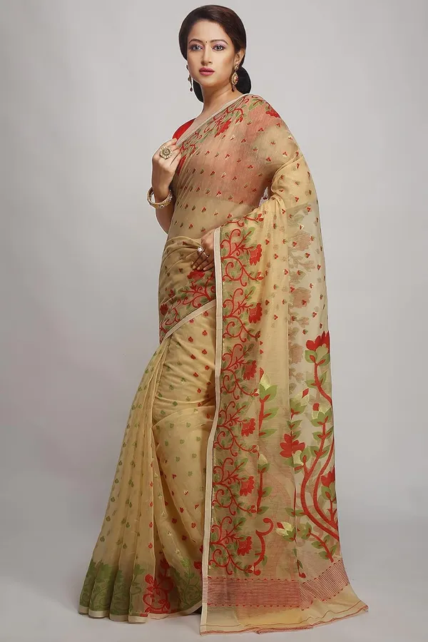 Dark_Beige_Soft_Resham_Dhakai_Jamdani_Saree_Without_Starch_Without_Blouse_Piece_For_Women