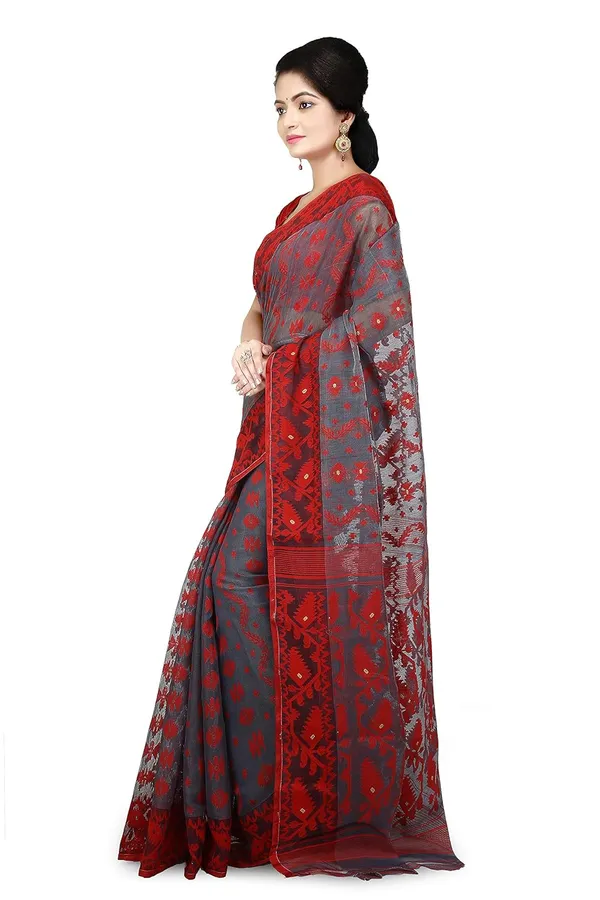 Grey_&_Red_Woven_Soft_Resham_Dhakai_Jamdani_Saree_Without_Blouse_Piece_For_Women