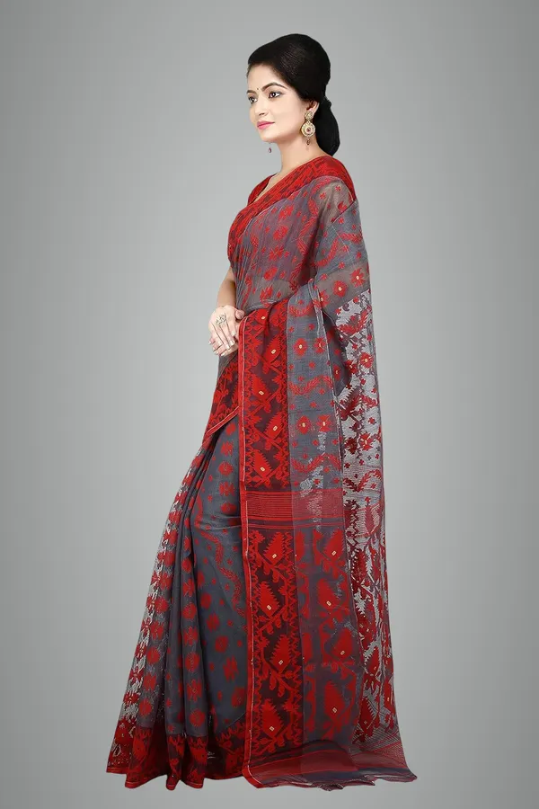 Grey_&_Red_Woven_Soft_Resham_Dhakai_Jamdani_Saree_Without_Blouse_Piece_For_Women