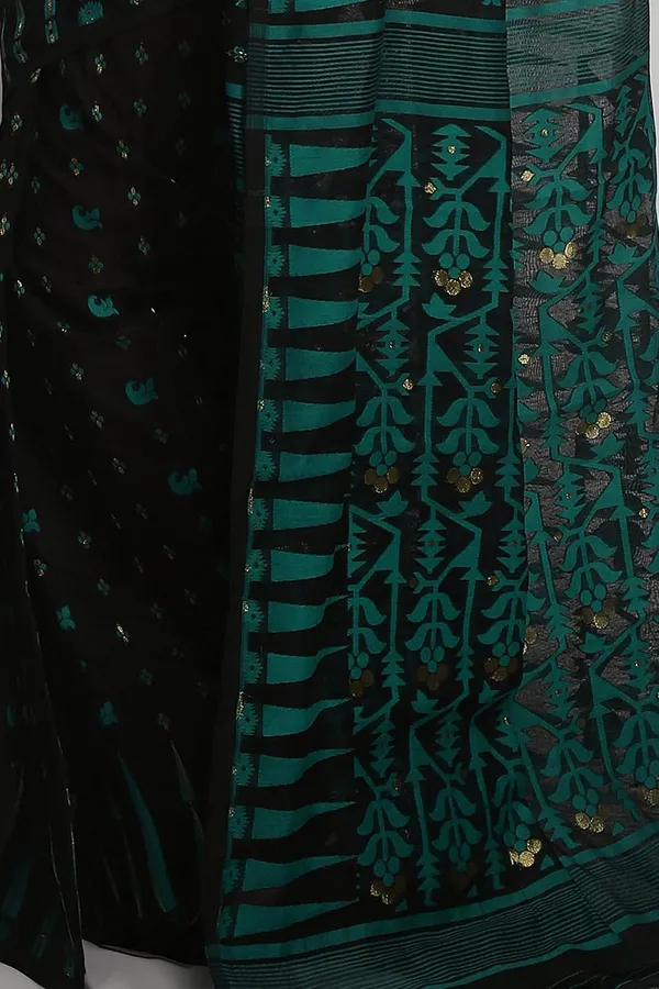 Black_&_Teal_Green_Bengali_Made_Jamdani_Saree_With_Temple_Border_Work_For_Women