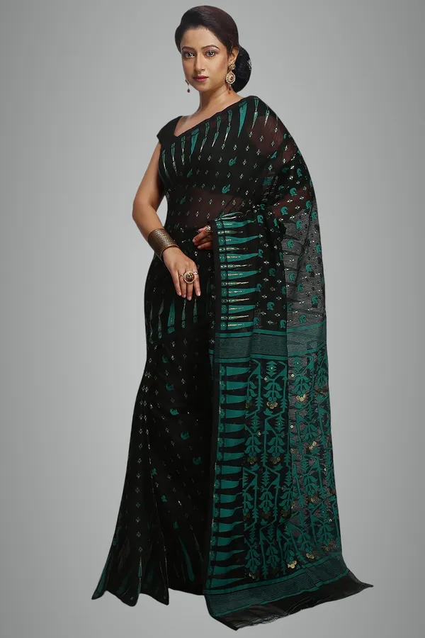 Black_&_Teal_Green_Bengali_Made_Jamdani_Saree_With_Temple_Border_Work_For_Women